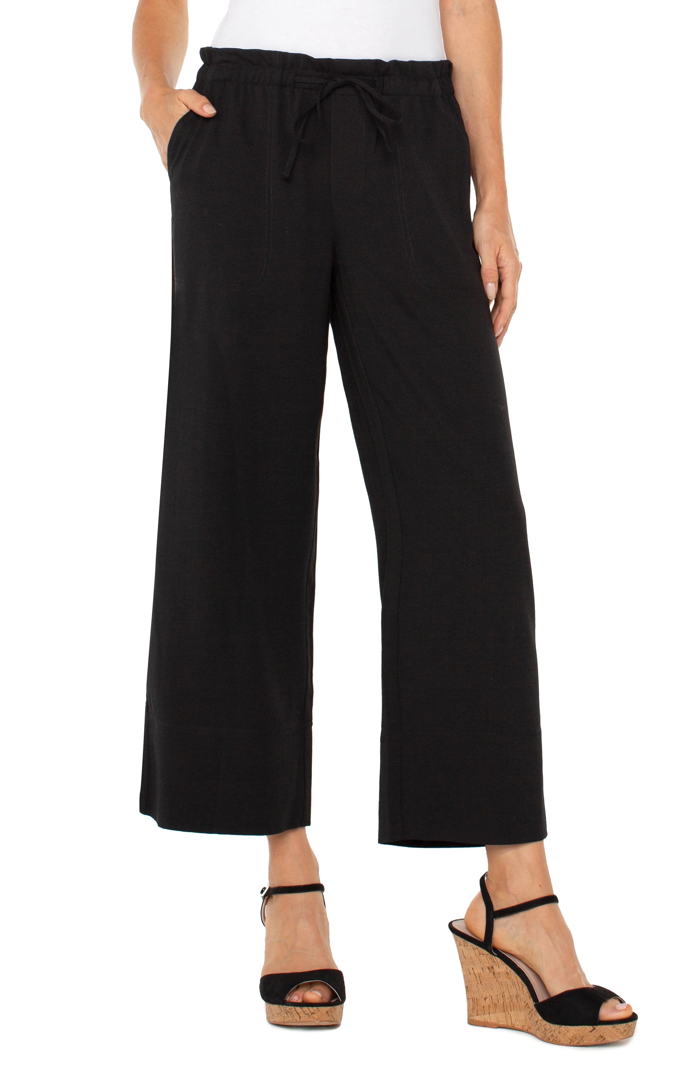 TIE WAIST WIDE LEG ANKLE PANT - BLACK