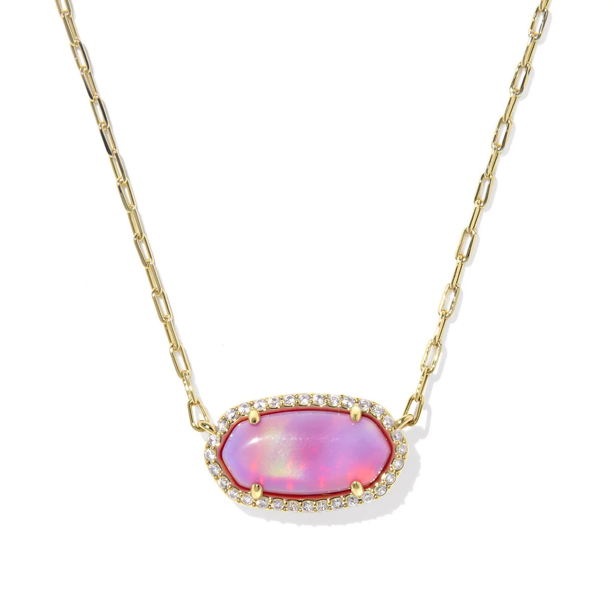 ELISA PAVE FRAME SHORT PENDANT NECKLACE - GOLD PINK OPAL