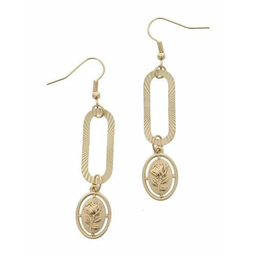 GOLD OVAL EARRINGS WITH ROSE STAMPED DISC