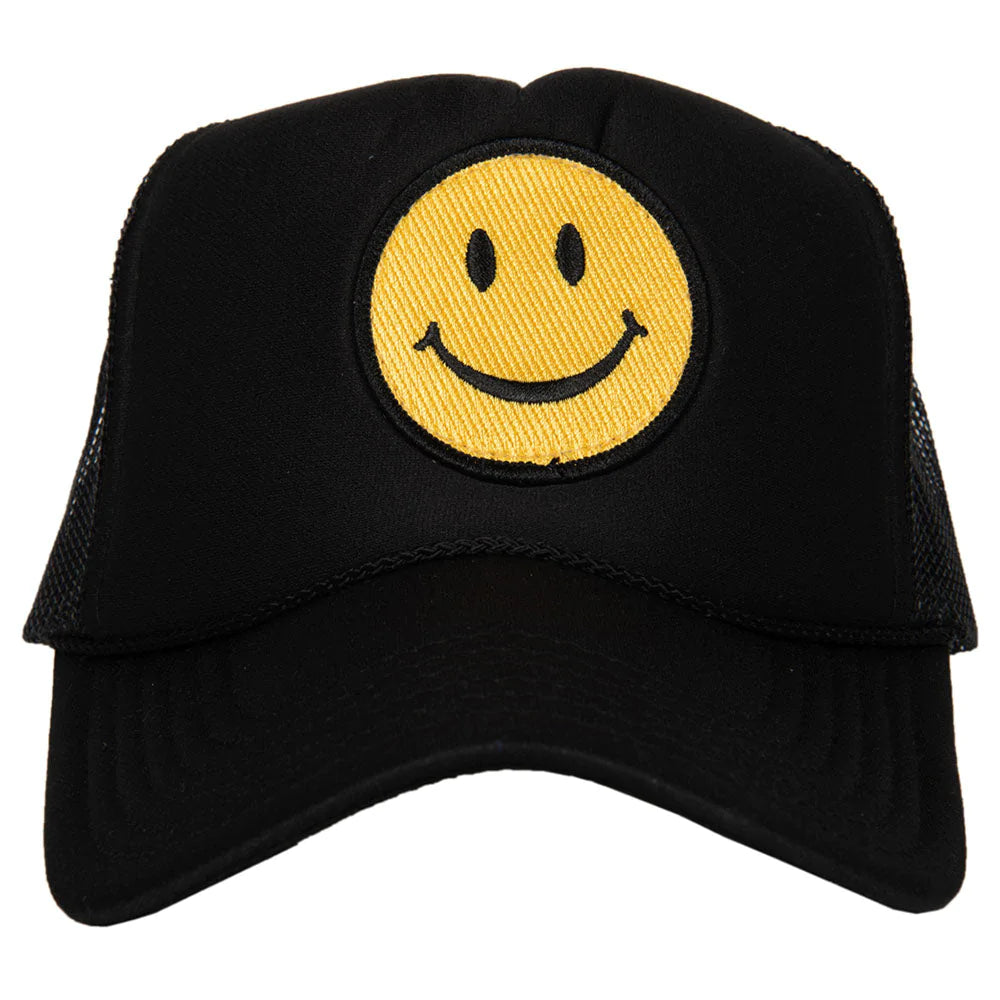 YELLOW HAPPY FACE ALL BLACK FOAM TRUCKER HAT