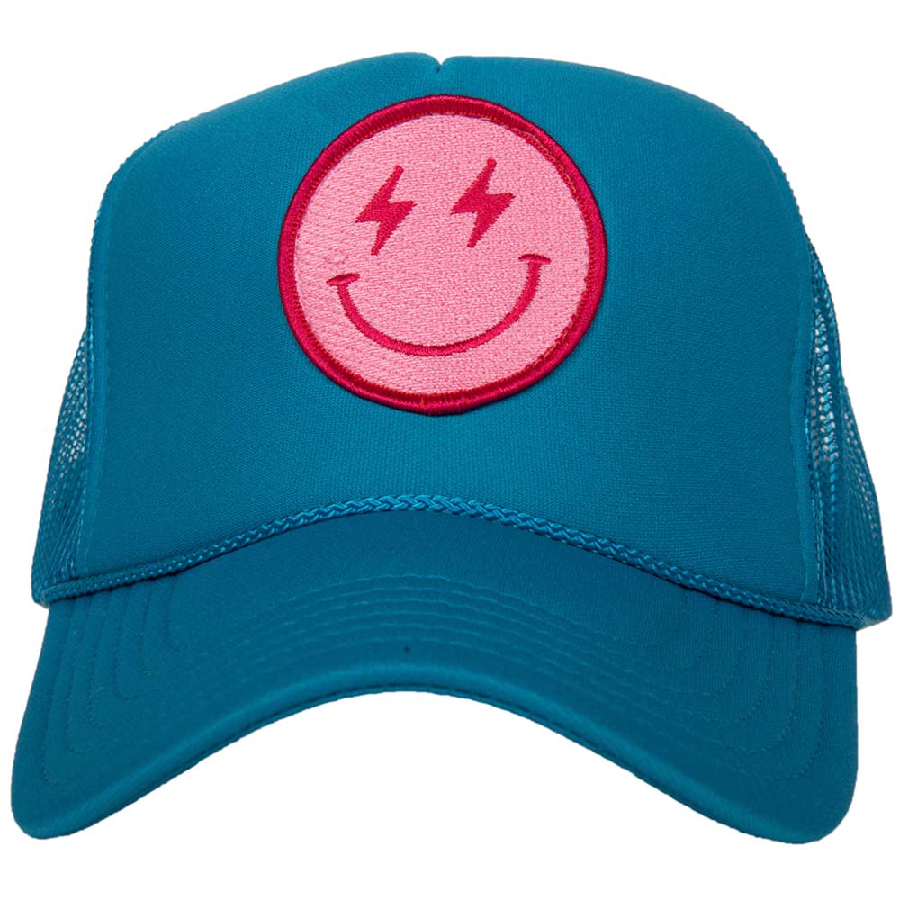 PINK LIGHTNING HAPPY FACE TRUCKER HAT - BLUE
