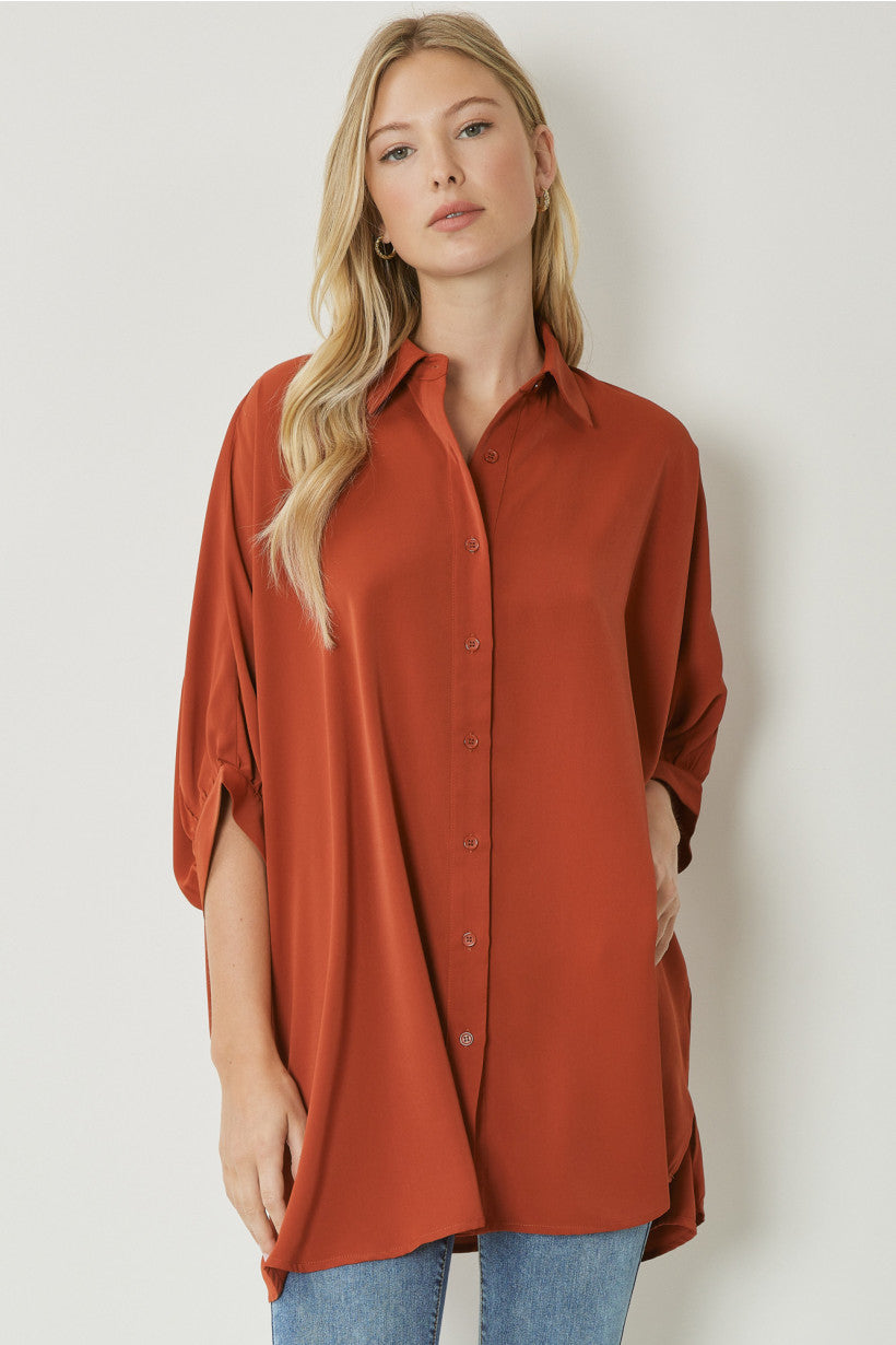 COLLARED DOLMAN SLEEVE BUTTON UP TOP