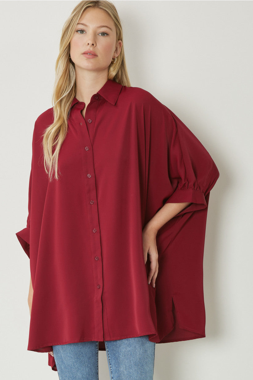 COLLARED DOLMAN SLEEVE BUTTON UP TOP