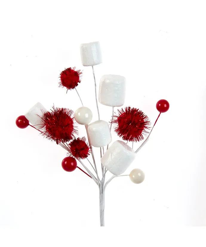 9" RED AND WHITE MARSHMALLOW, POM POM AND BERRY PICK